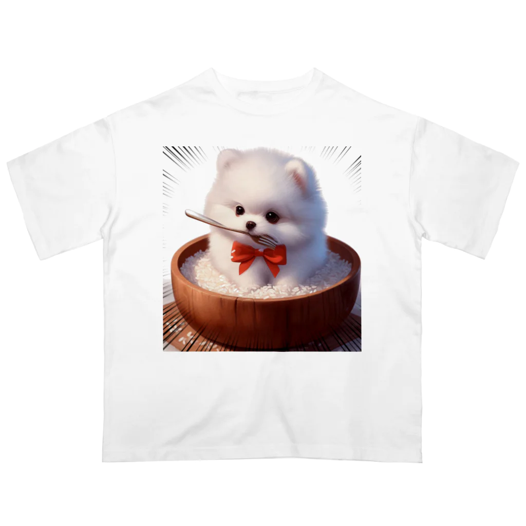 Pom-Dog'sのご飯に埋もれる白ポメ Oversized T-Shirt