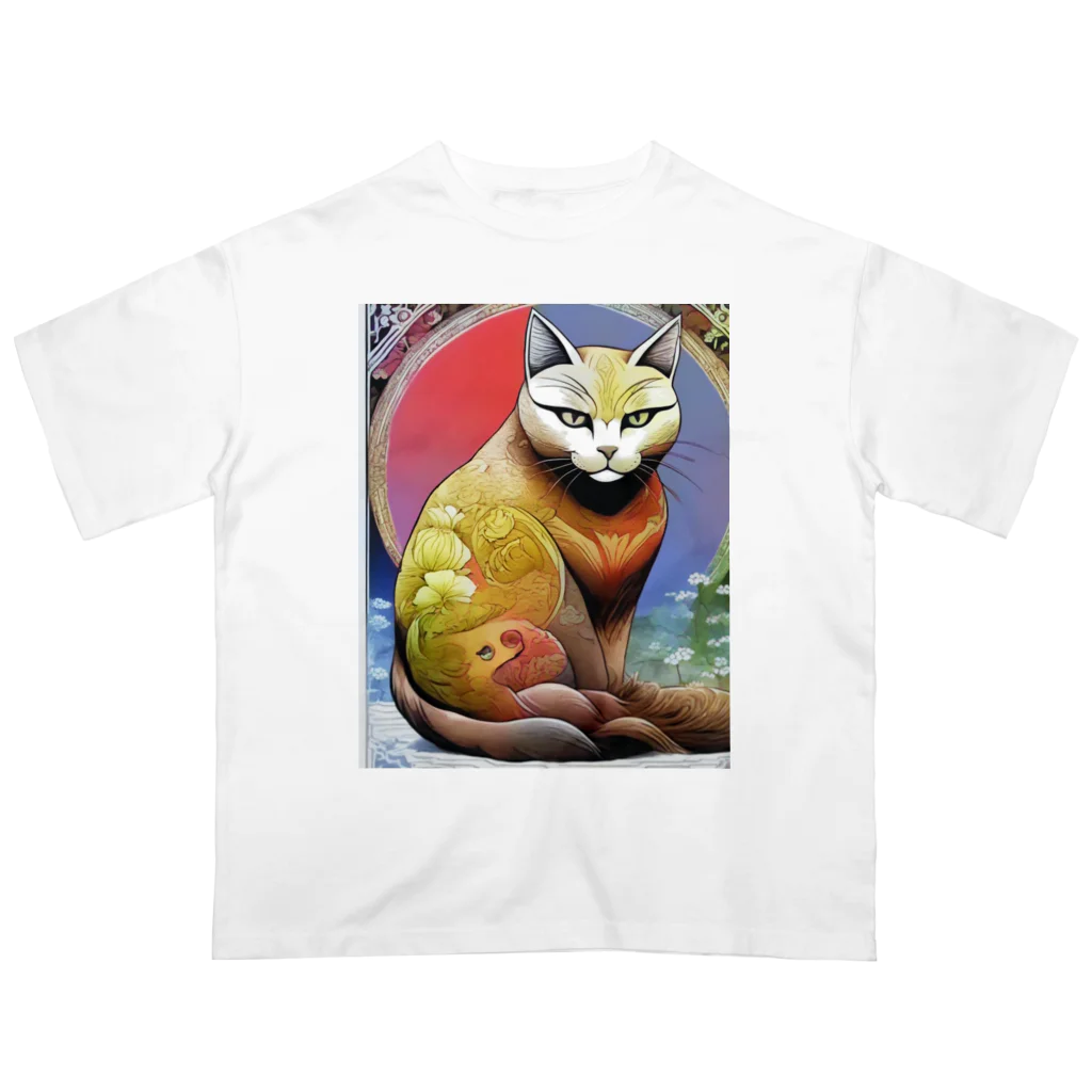 wawomotsuのねこあつめ 日本画風 可愛らしい猫たちのアートプリント オーバーサイズTシャツ