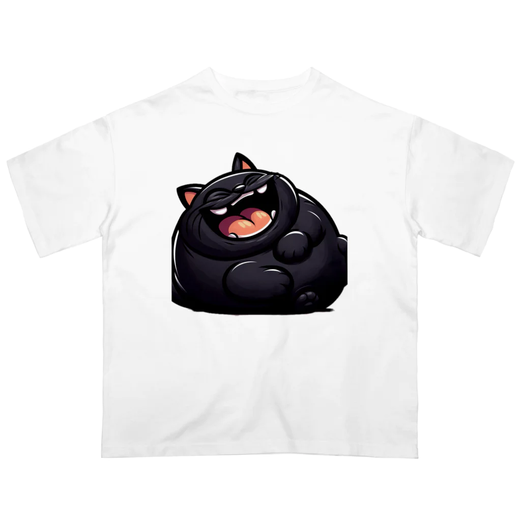 にゃんたれの爆笑しているデブの黒猫 オーバーサイズTシャツ