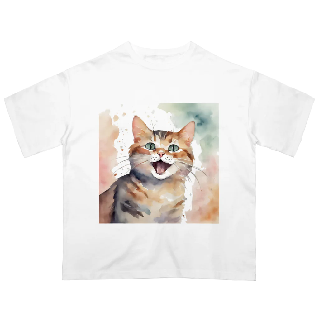 癒しの場｜Healing Placeの癒される幸せそうな猫の水彩画　A soothing and happy cat watercolor painting. オーバーサイズTシャツ