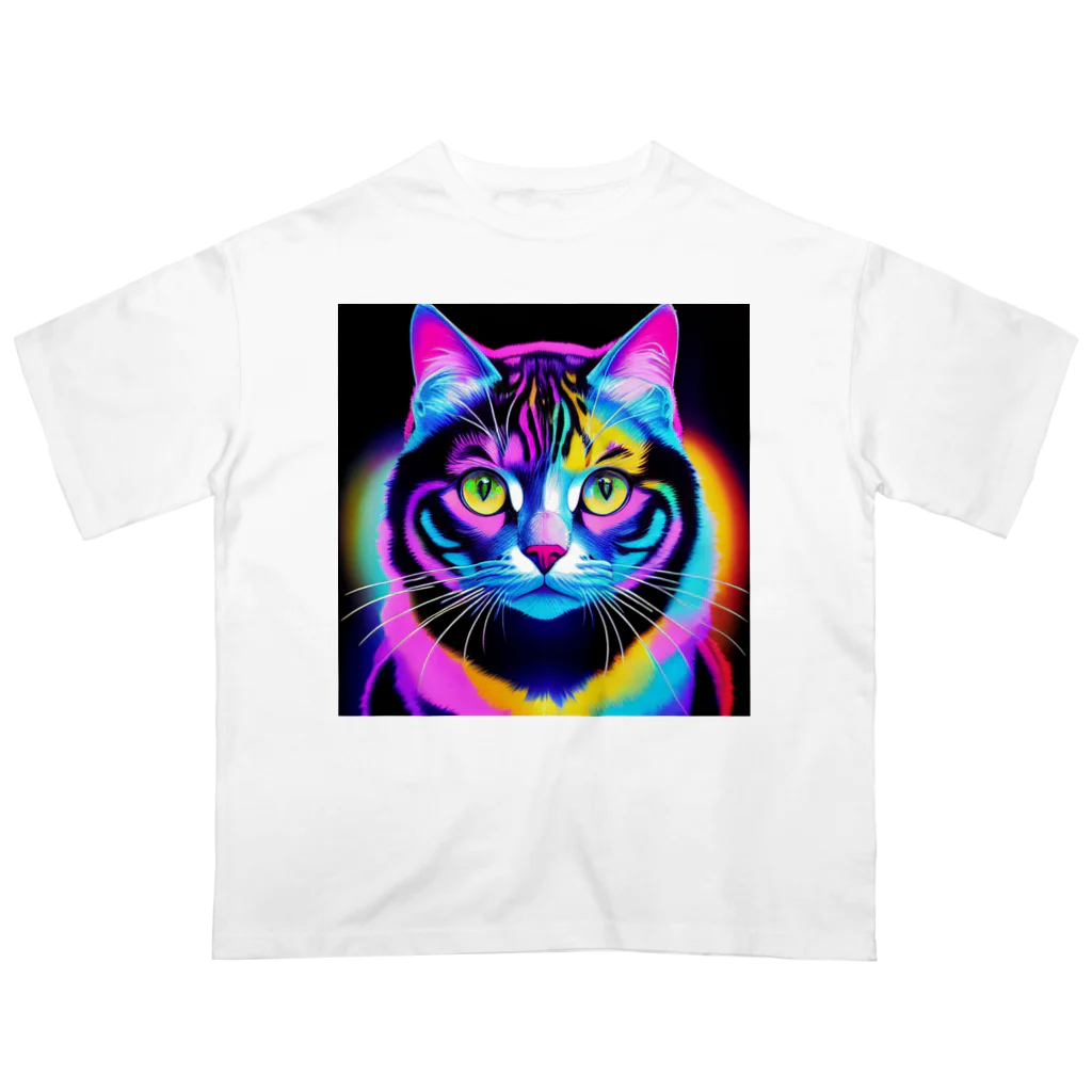 629_CAT_ARTのカラフルサイバーキャット vol2 オーバーサイズTシャツ