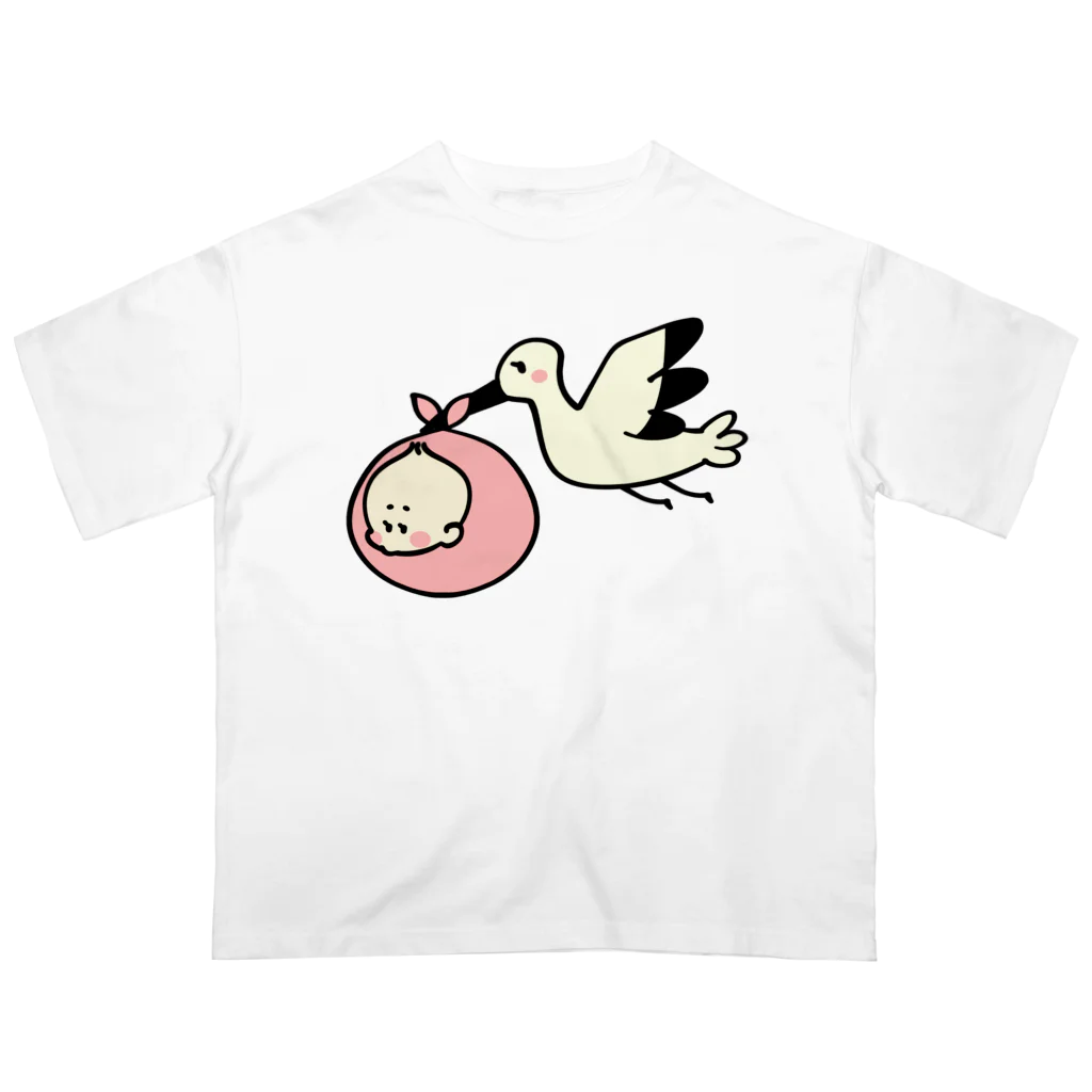 ゆちのへやのベビーを運ぶコウノトリのイラスト オーバーサイズTシャツ