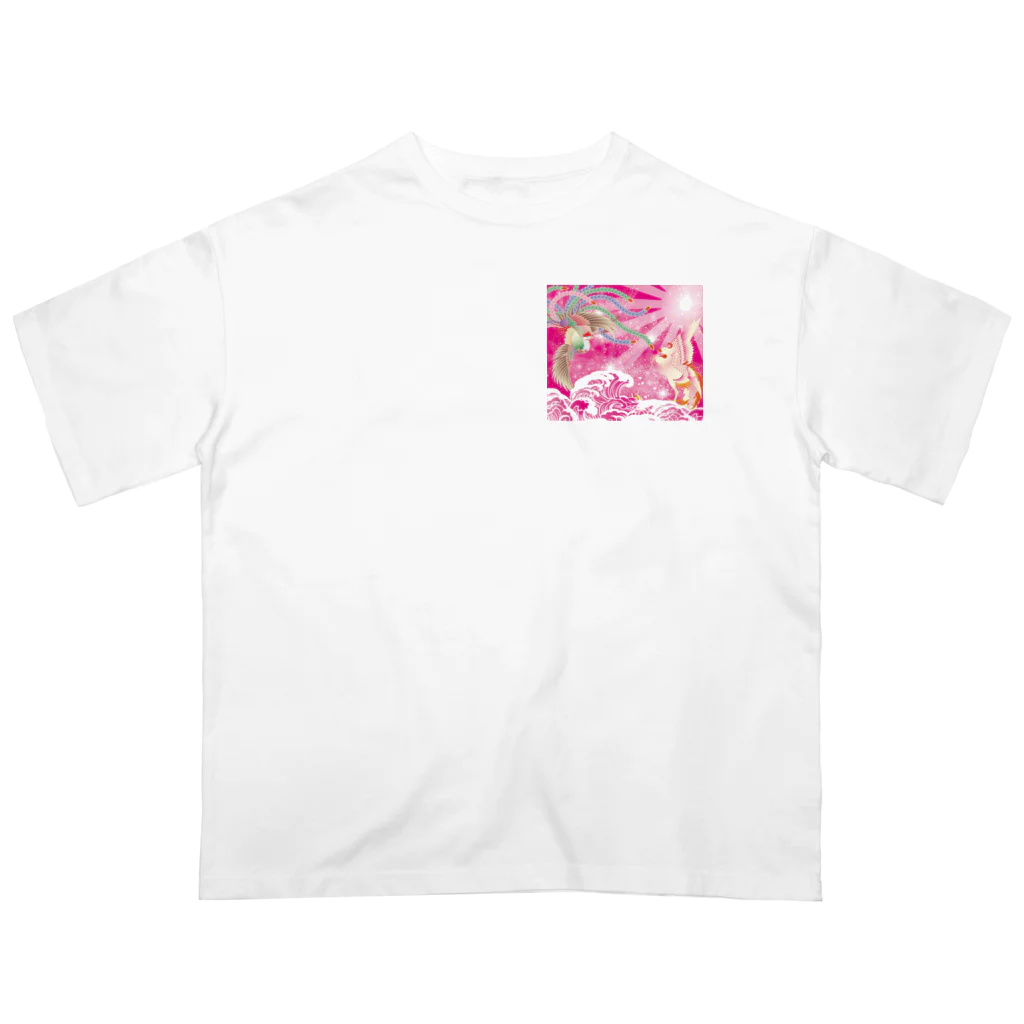 大漁旗　和柄のshopのピンク鳳凰　波　和柄 Oversized T-Shirt