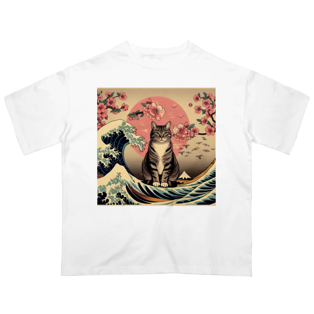 ParadigmStar　パラダイムスターの浮世絵猫　波桜 Oversized T-Shirt