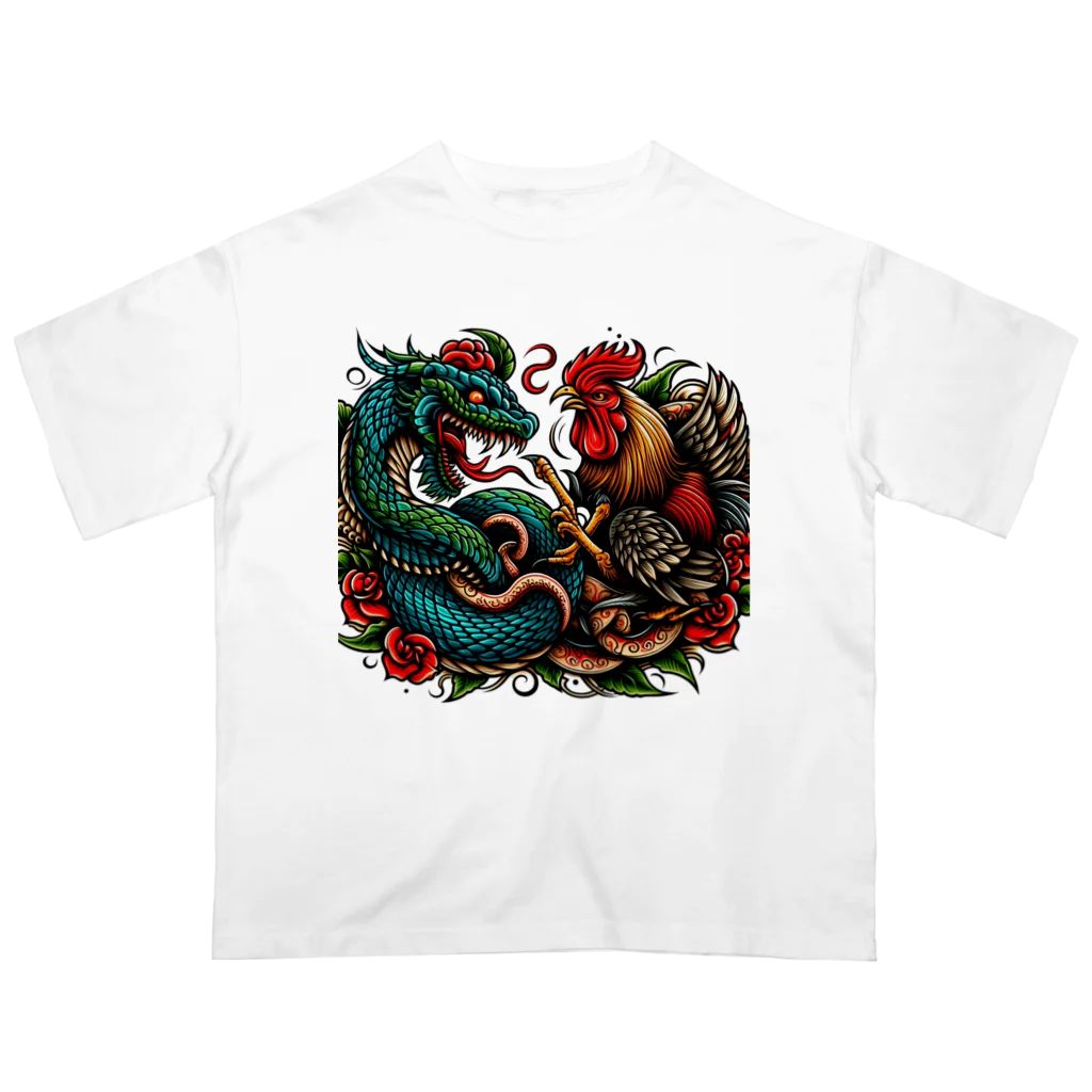 mitsu_tattooの鶏と蛇の喧嘩 オーバーサイズTシャツ