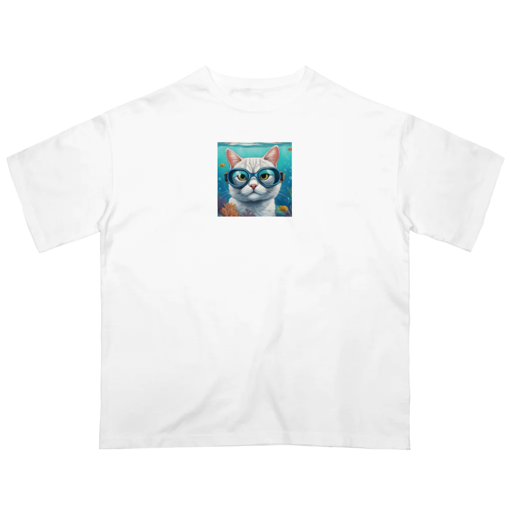 DezamaLandの水中ゴーグルを着ける猫 オーバーサイズTシャツ