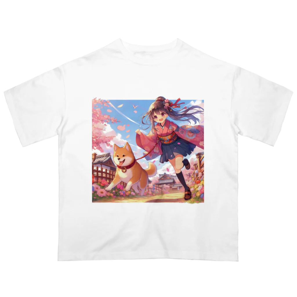 推しの美少女とアイドルの桜の中を犬と走る女の子 オーバーサイズTシャツ