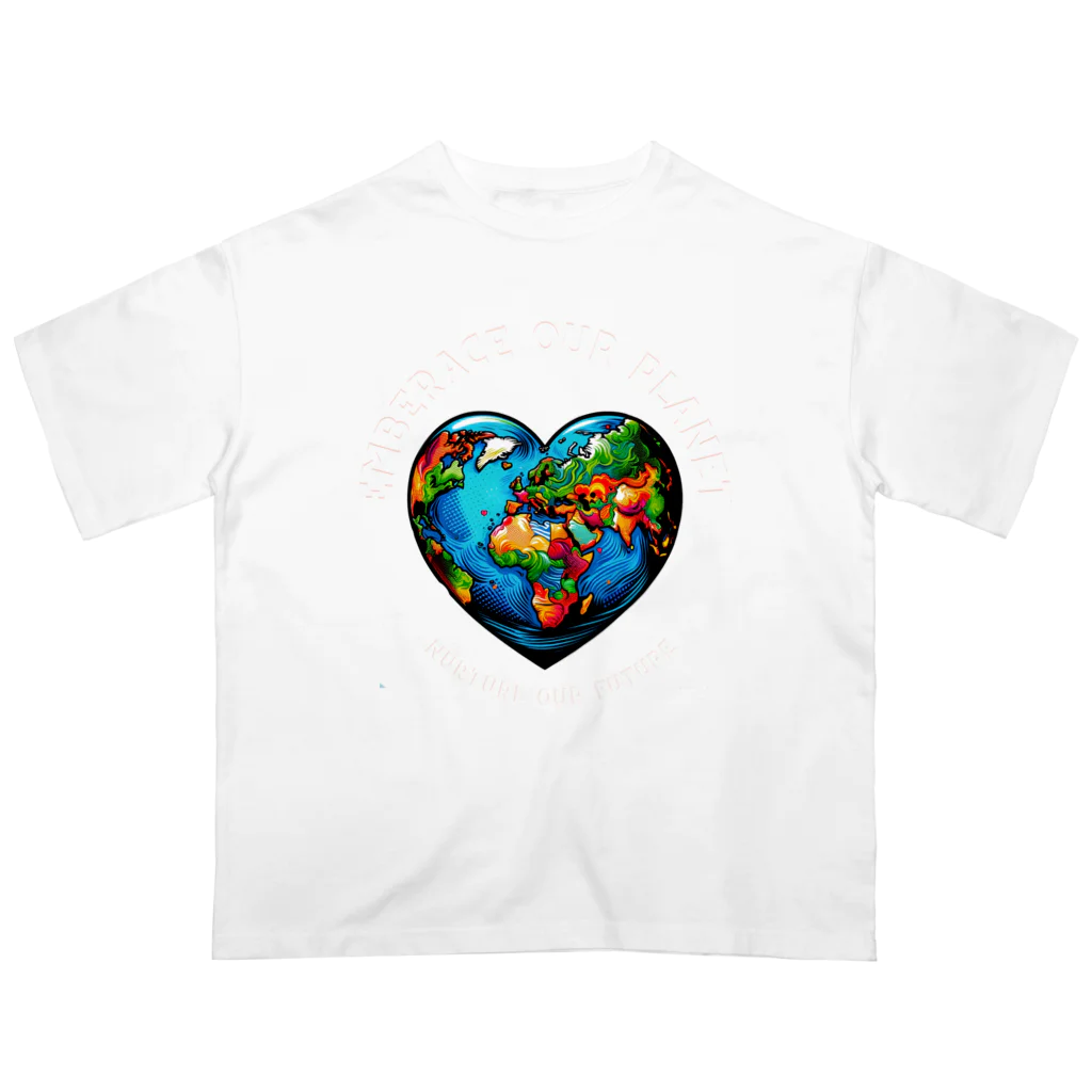 KULIEITAの地球の日　Earth day 地球　ハート　ブルー オーバーサイズTシャツ