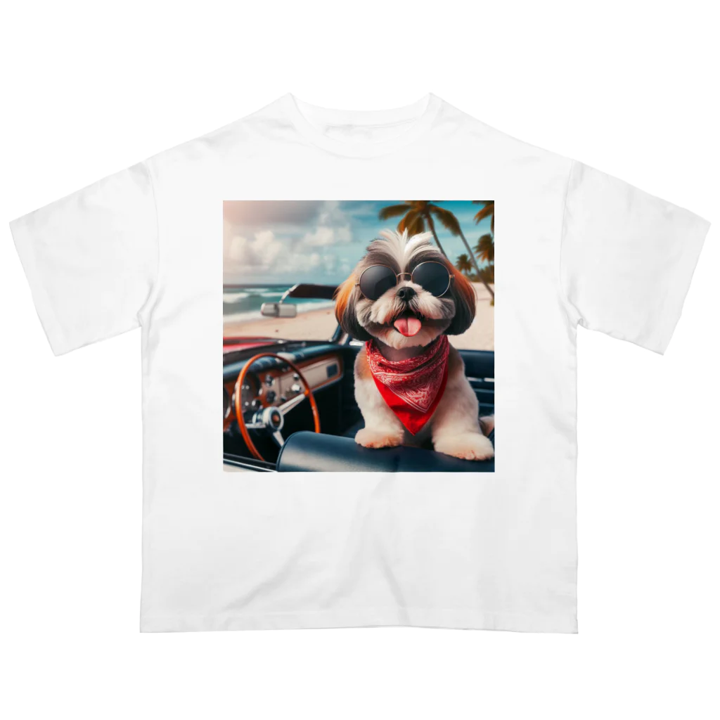 wanko_daisukiの海辺のシーズー（オープンカー） オーバーサイズTシャツ