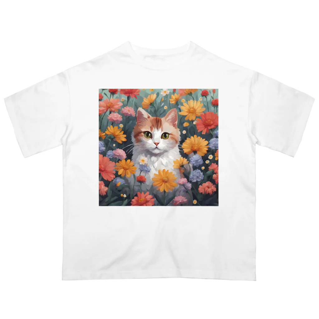 FLOWERアニマルのロココFLOWERキャットコスモス オーバーサイズTシャツ