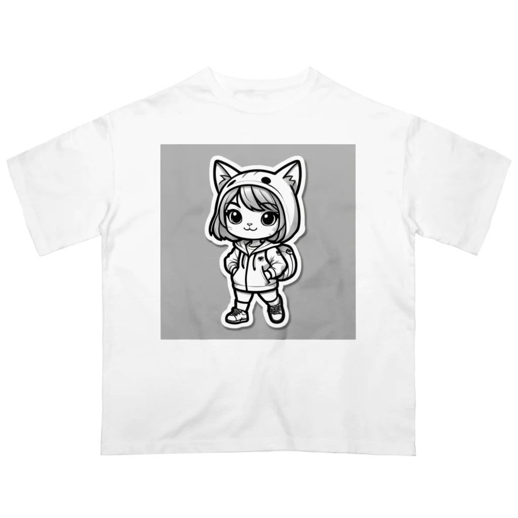 にゃんまる堂の猫耳　パーカー　モノクロ オーバーサイズTシャツ