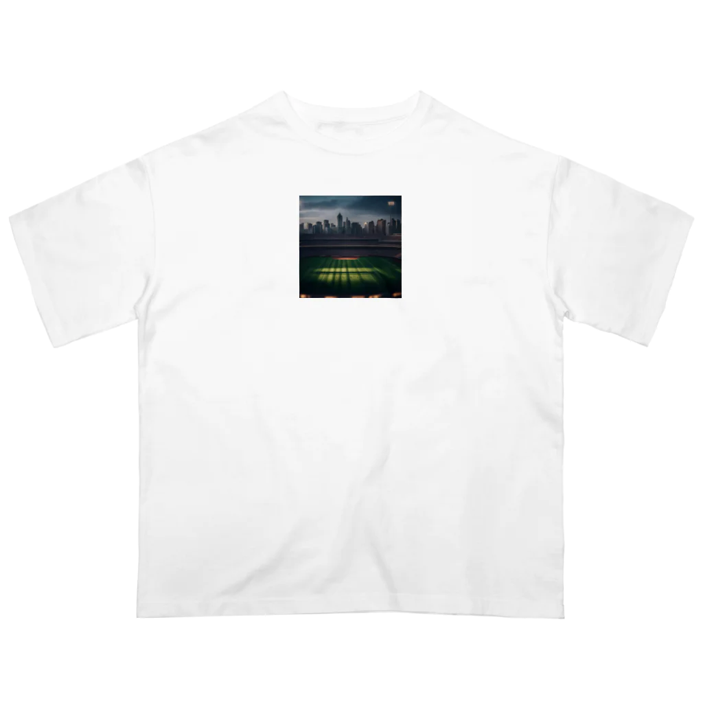 dream_canvasの空にそびえる高層ビルとスポーツスタジアムの壮大な景色。 オーバーサイズTシャツ