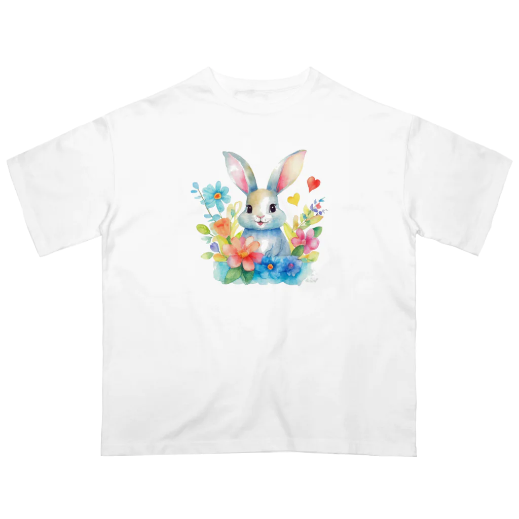 うさぎやの花に囲まれたうさぎ2 オーバーサイズTシャツ