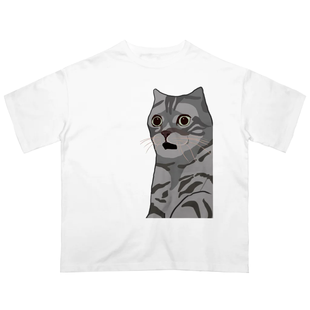 手書きイラストで猫ミームの困惑する猫 オーバーサイズTシャツ