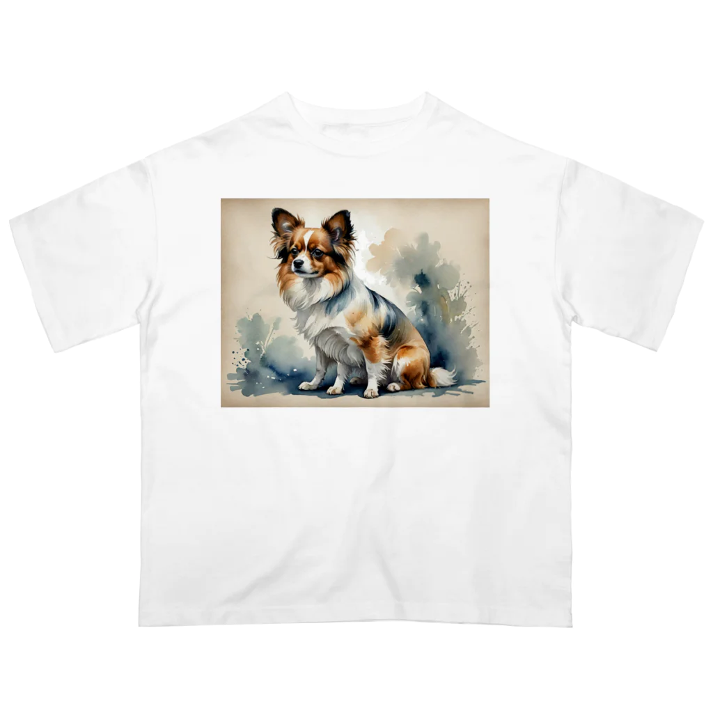 Animal Illustration shopのパピヨン　Papillon　水彩画風 オーバーサイズTシャツ