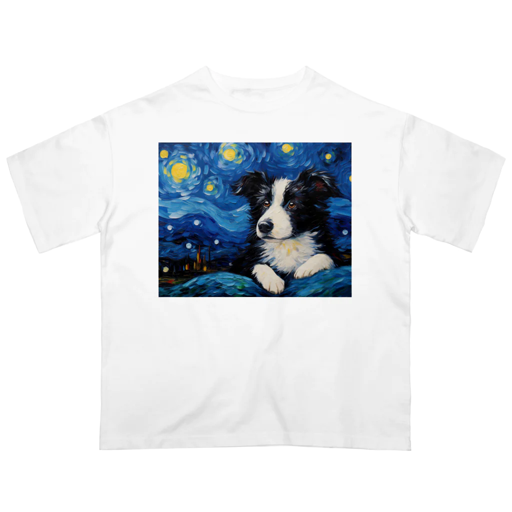 Dog Art Museumの【星降る夜 - ボーダーコリー犬の子犬 No.1】 オーバーサイズTシャツ
