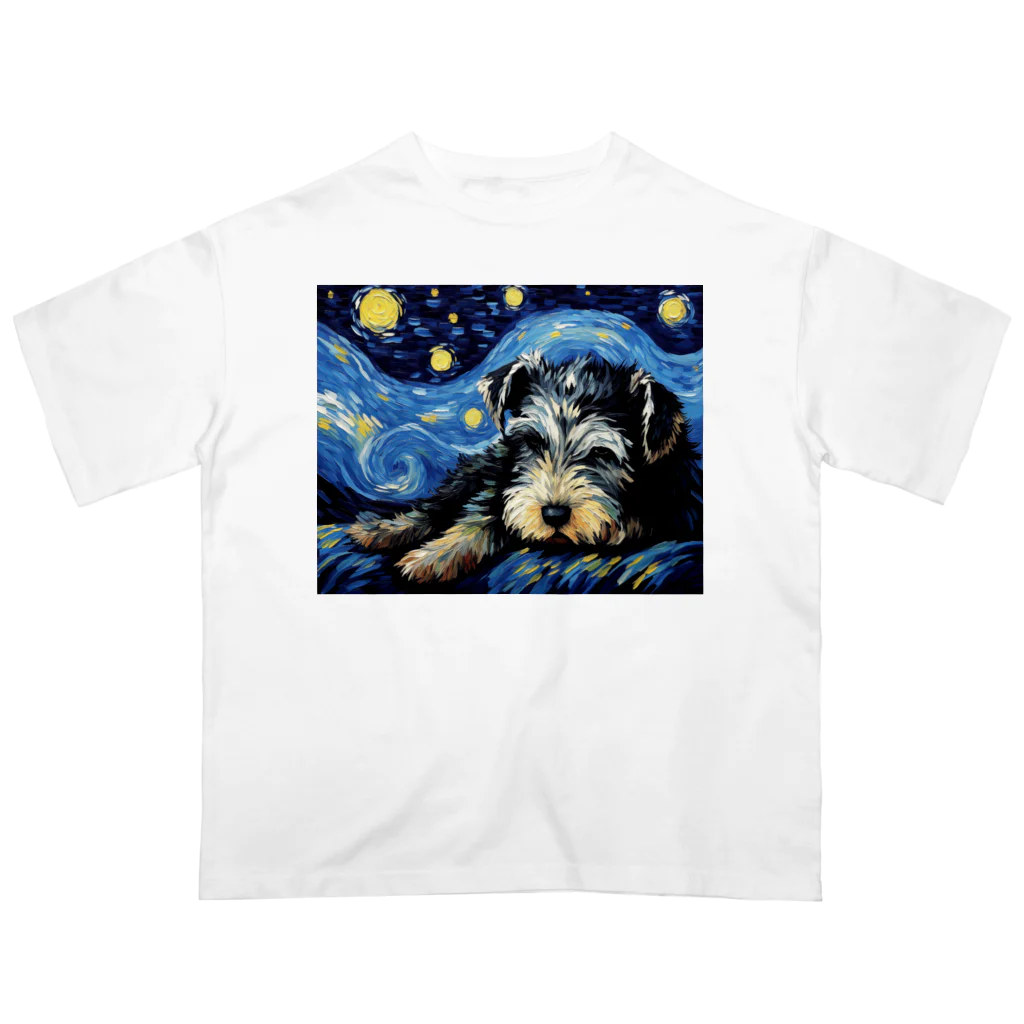 Dog Art Museumの【星降る夜 - シュナウザー犬の子犬 No.3】 Oversized T-Shirt