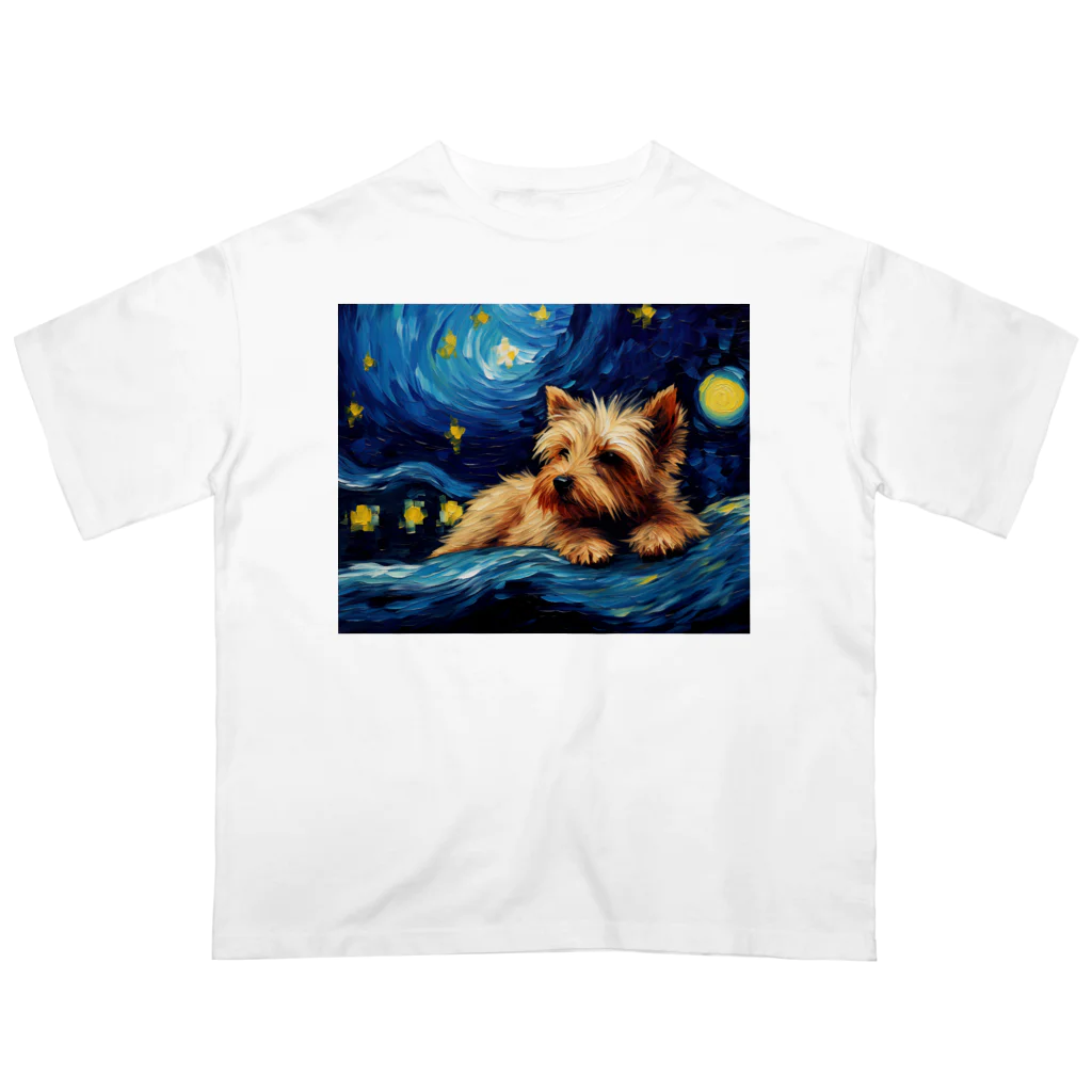 Dog Art Museumの【星降る夜 - ヨークシャーテリア犬の子犬 No.1】 オーバーサイズTシャツ