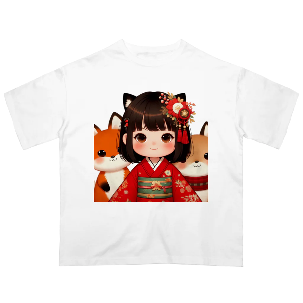 まんまるちゃんの狐娘とかわいい狐 オーバーサイズTシャツ