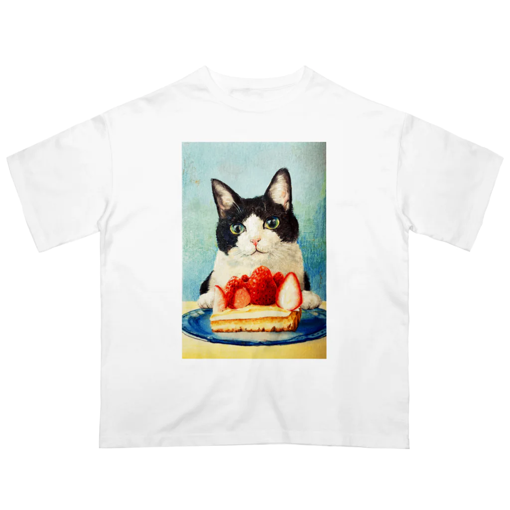 猫竹（nekotake)のいちごタルトケーキと黒白猫ちゃん Oversized T-Shirt