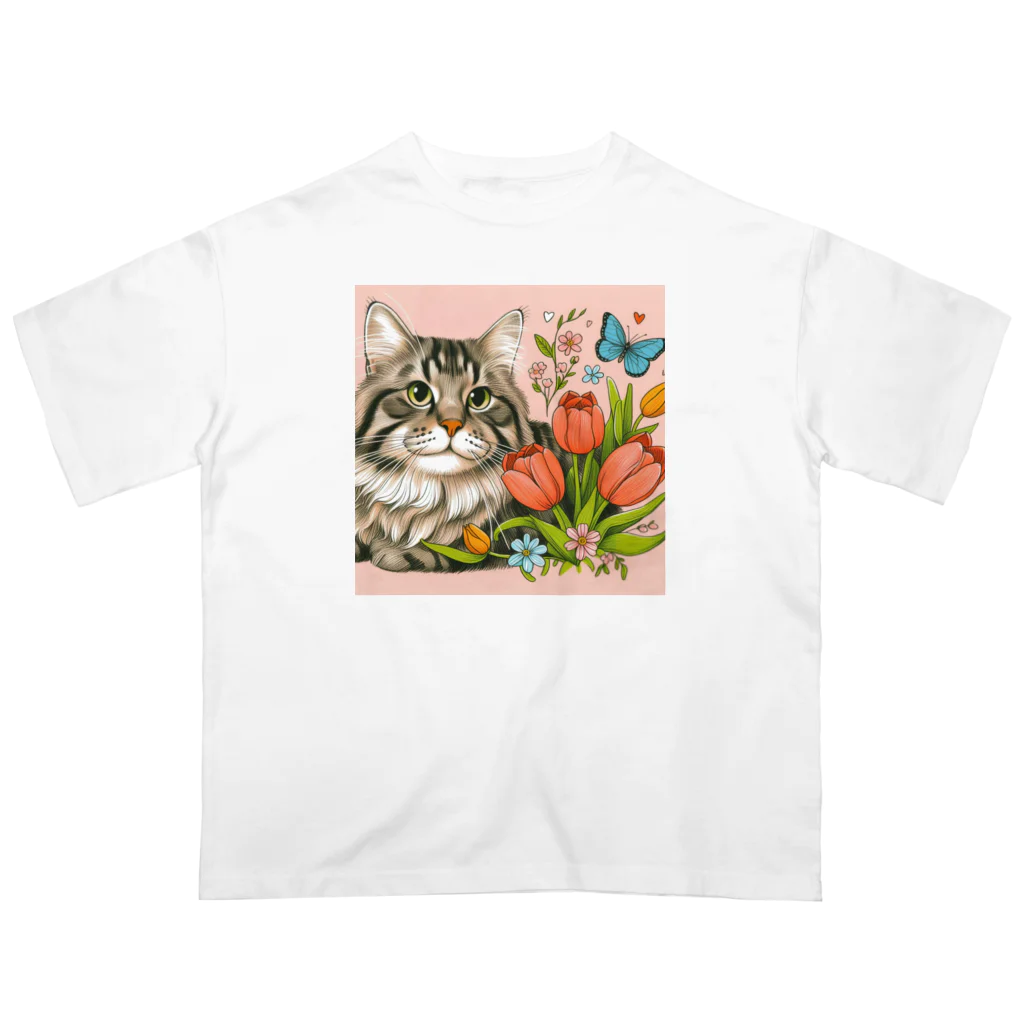 Y m @Y's shopの猫とチューリップ オーバーサイズTシャツ