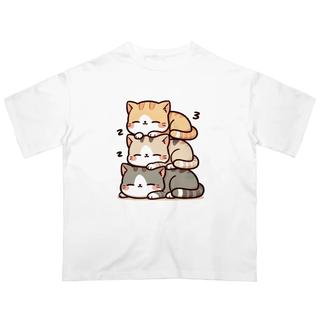 ussi-cowの可愛いネコのイラストシャツ（団子ネコ三段ver） オーバーサイズTシャツ