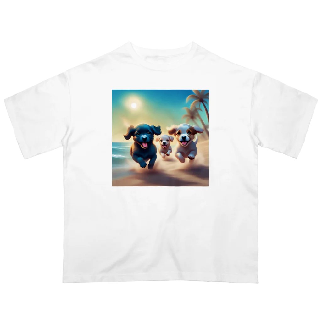 Chocolat15sucreの砂浜で遊ぶ子犬たち オーバーサイズTシャツ