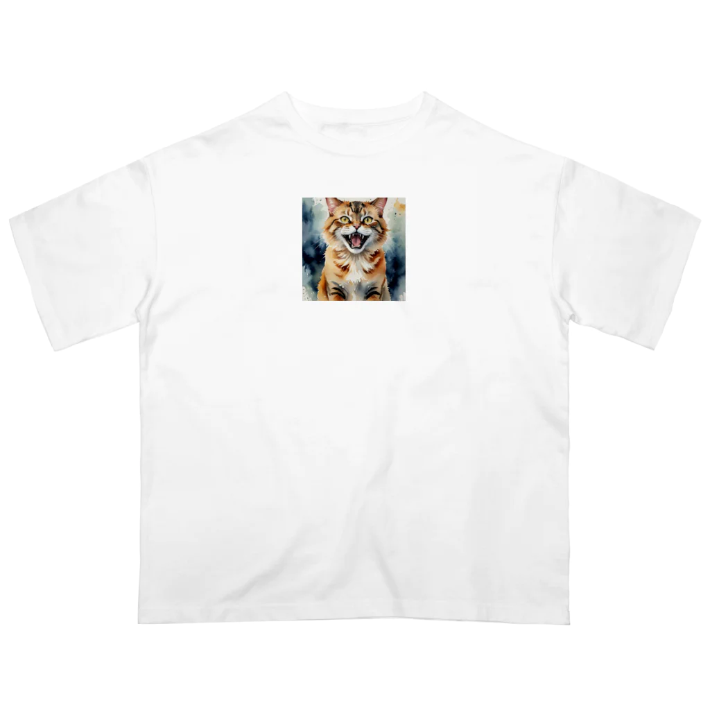 おさけふざけ＠アル中戦隊の怒った猫の表情が鮮やかに描かれた水彩画 オーバーサイズTシャツ
