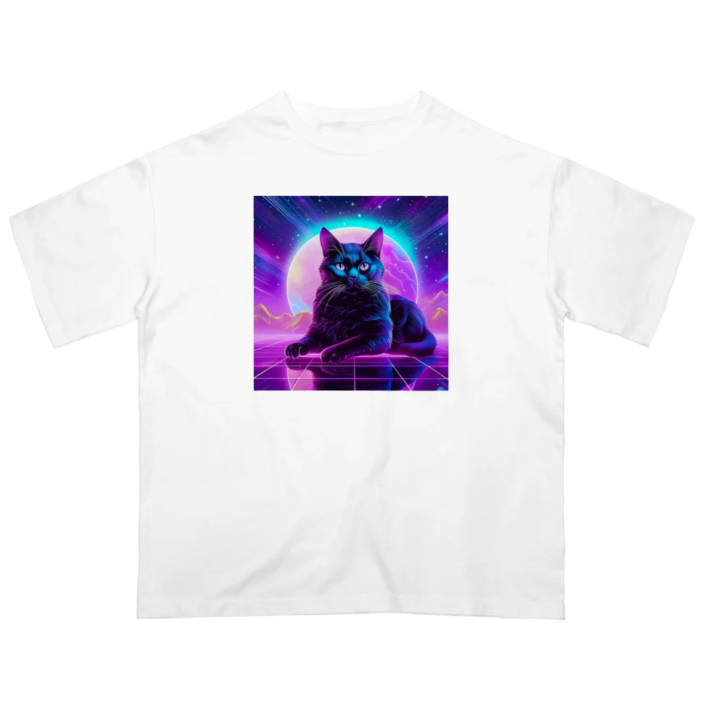 黒猫ファブリックのBlack Cat in The VaporWave World.(蒸気波世界のクロネコ) オーバーサイズTシャツ