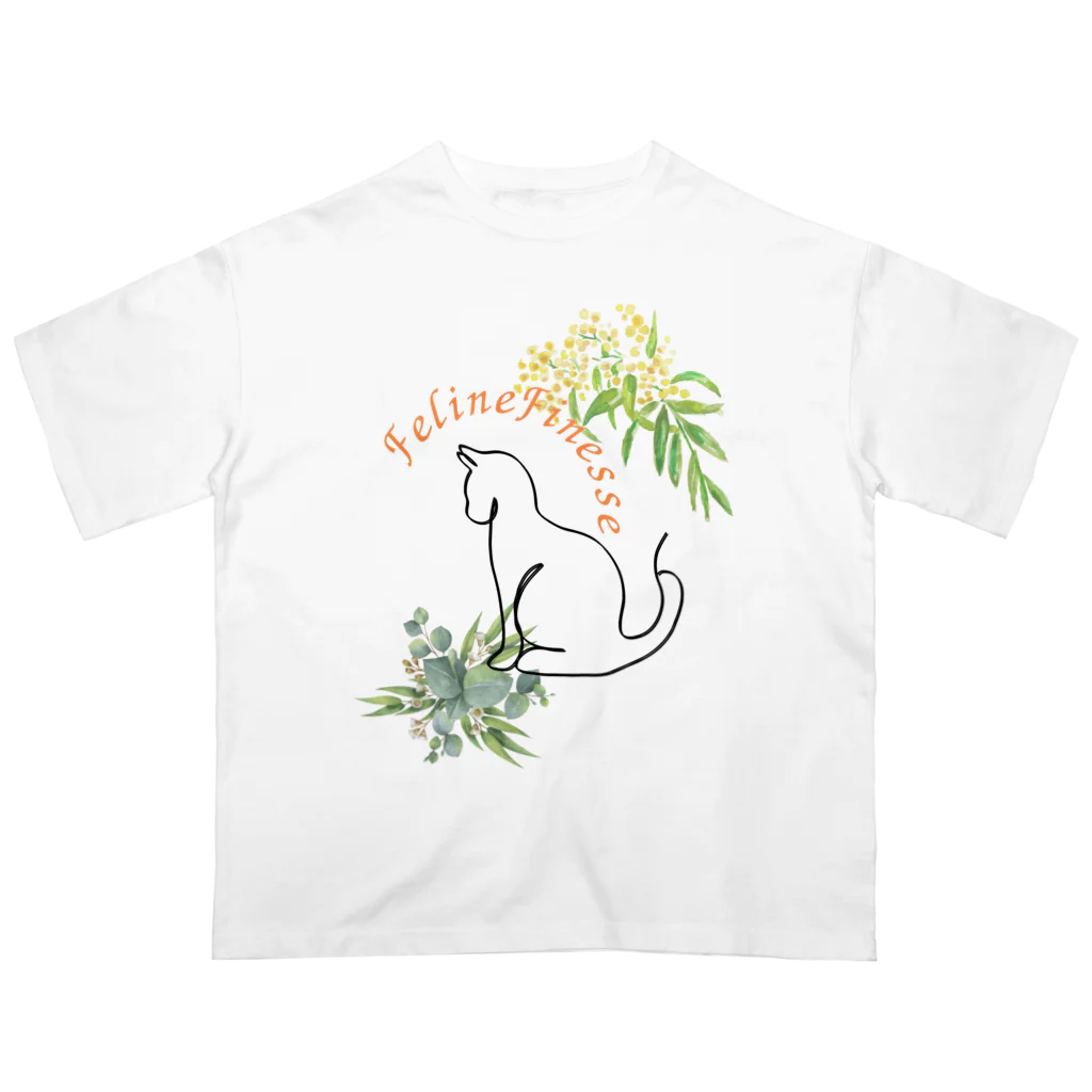 Kiriko-Originalの花を見つめる猫 オーバーサイズTシャツ