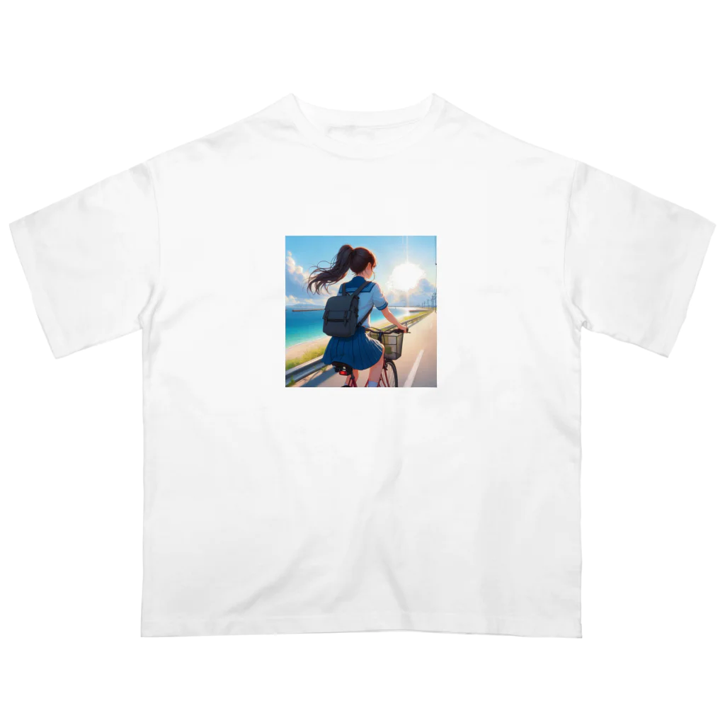 ふりむいての海岸沿いの風、自転車を漕ぐ女の子 オーバーサイズTシャツ