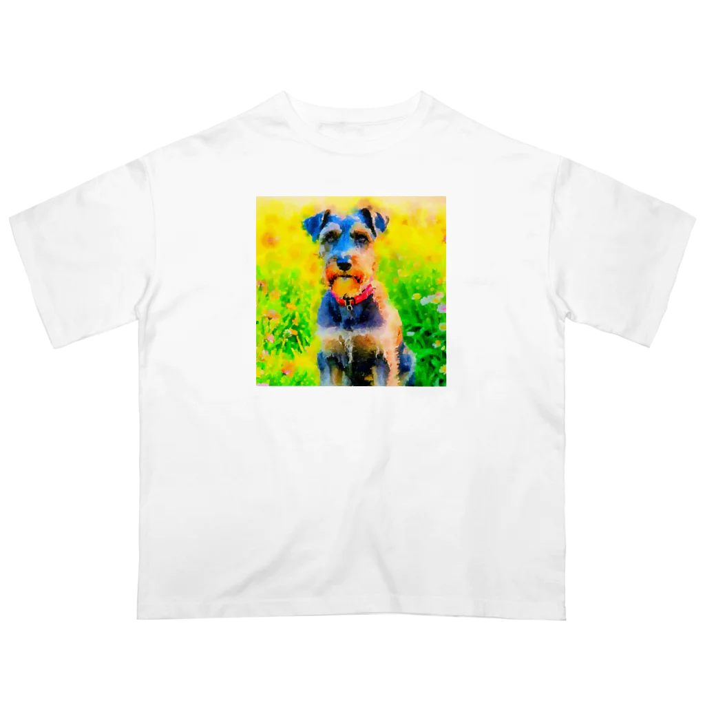 犬好きのしましまの水彩画の犬 花畑のシュナウザーのイラスト オーバーサイズTシャツ