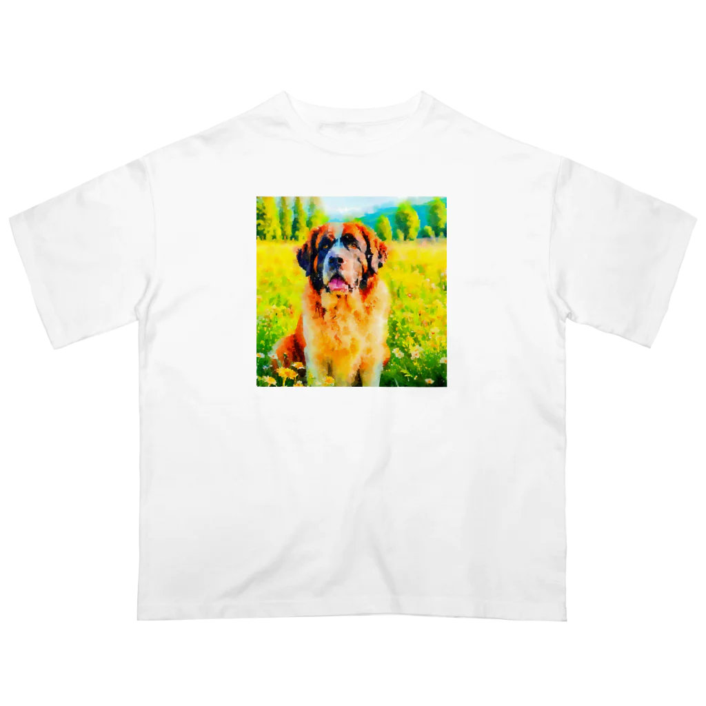 犬好きのしましまの水彩画の犬 花畑のセントバーナードのイラスト オーバーサイズTシャツ