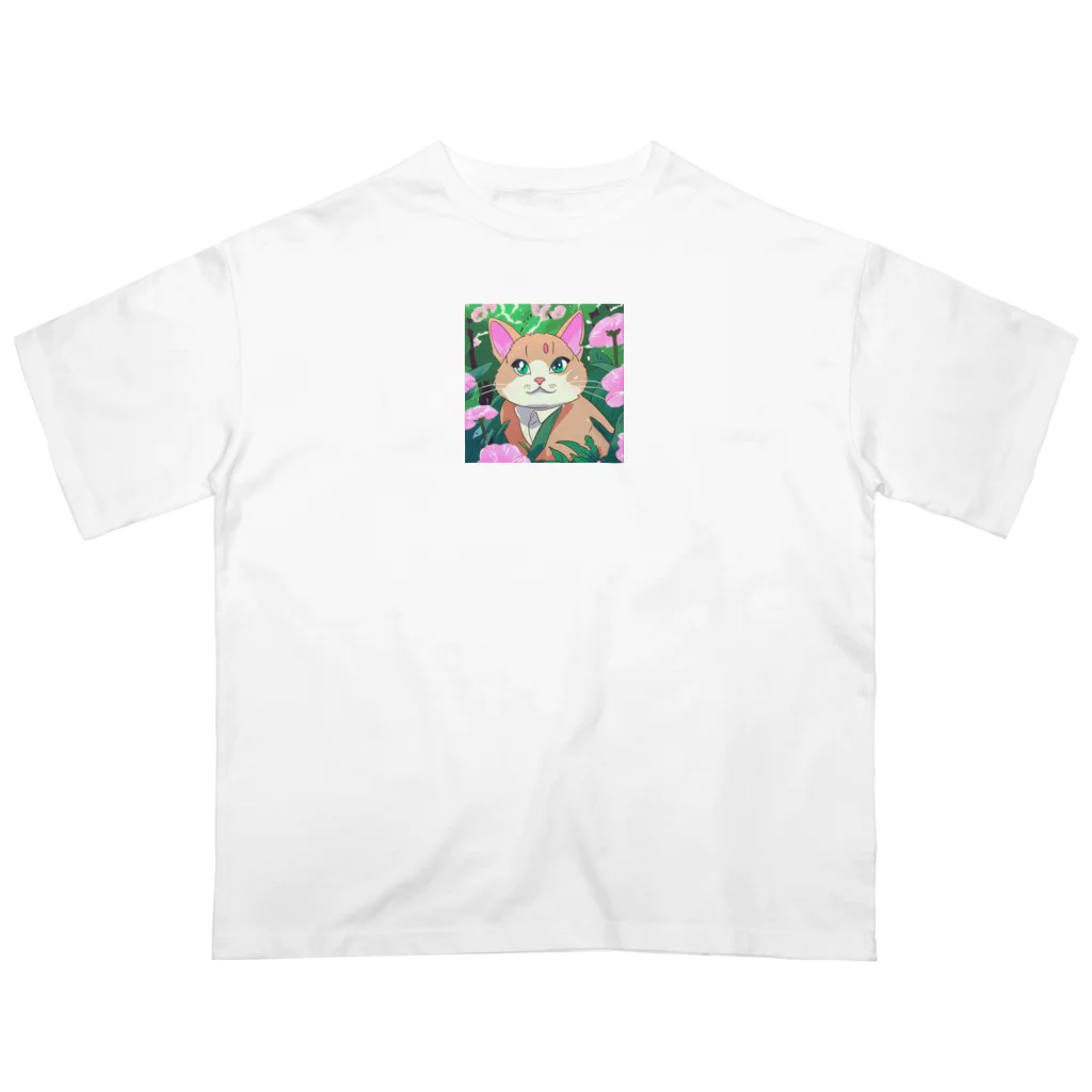 キュート＆クールのアニメ調・花畑の猫 オーバーサイズTシャツ