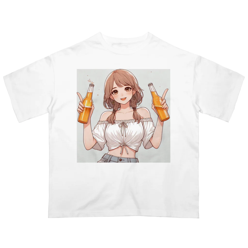 夜猫クロマルくんショップのビール🍺女子 オーバーサイズTシャツ