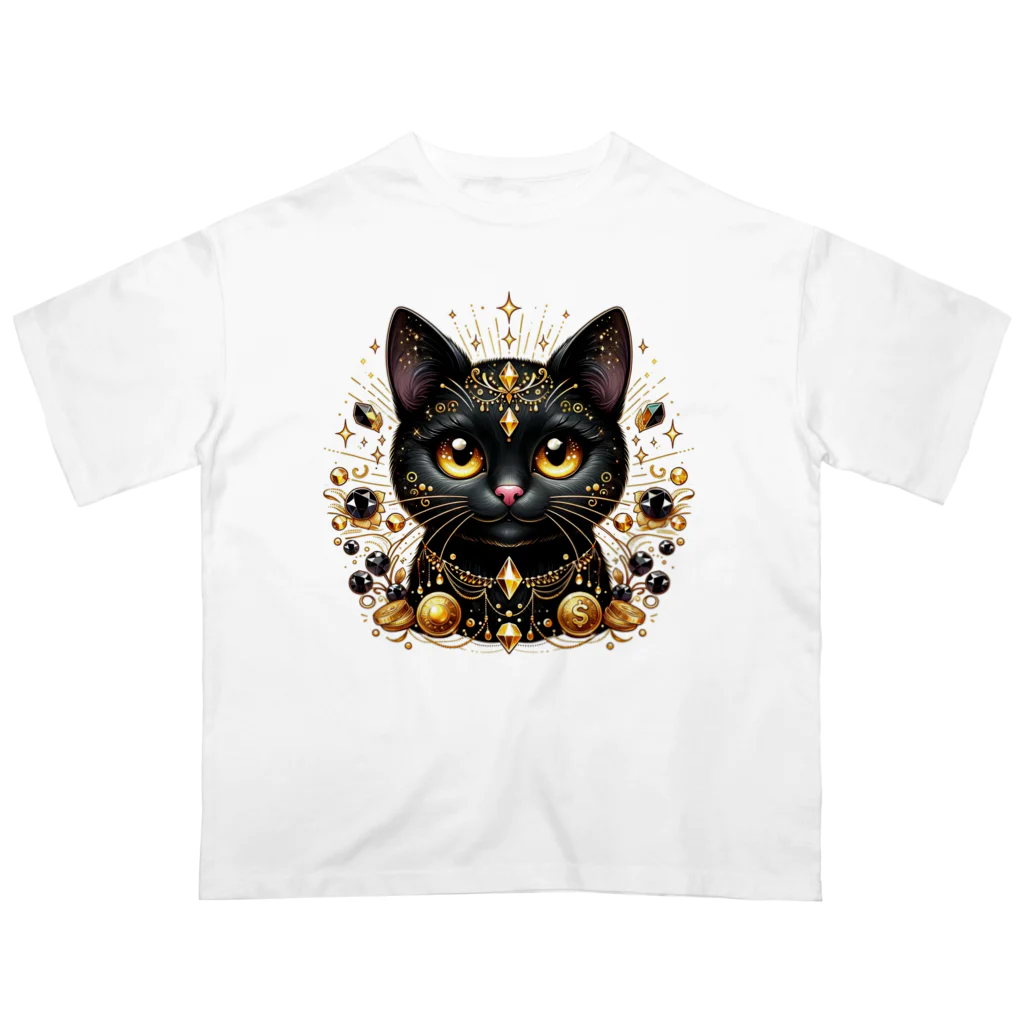 黒猫ギャラリー🐈‍⬛の金運の黒猫の神様 オーバーサイズTシャツ