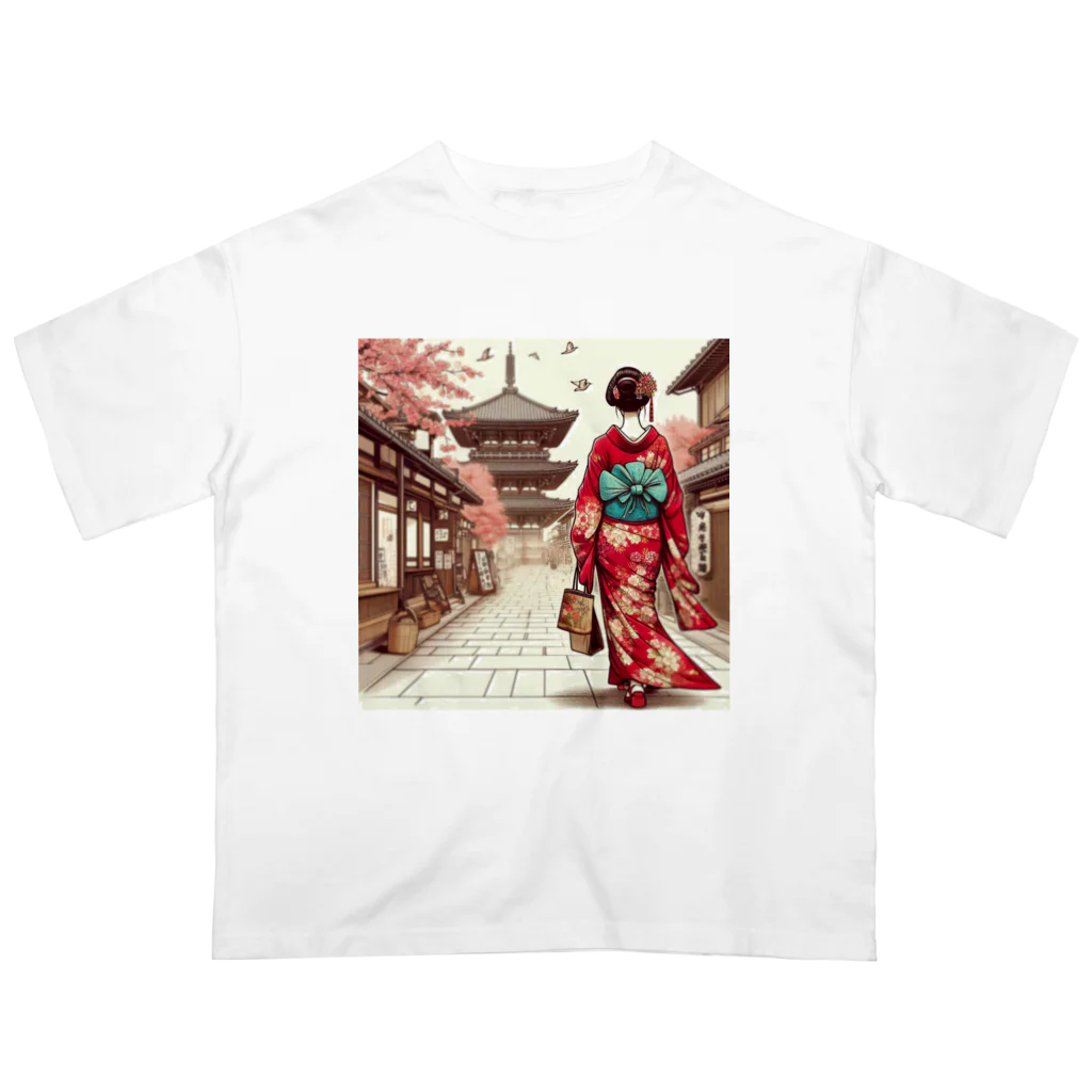 yuchijapanの京都を歩く着物美人イラスト Oversized T-Shirt