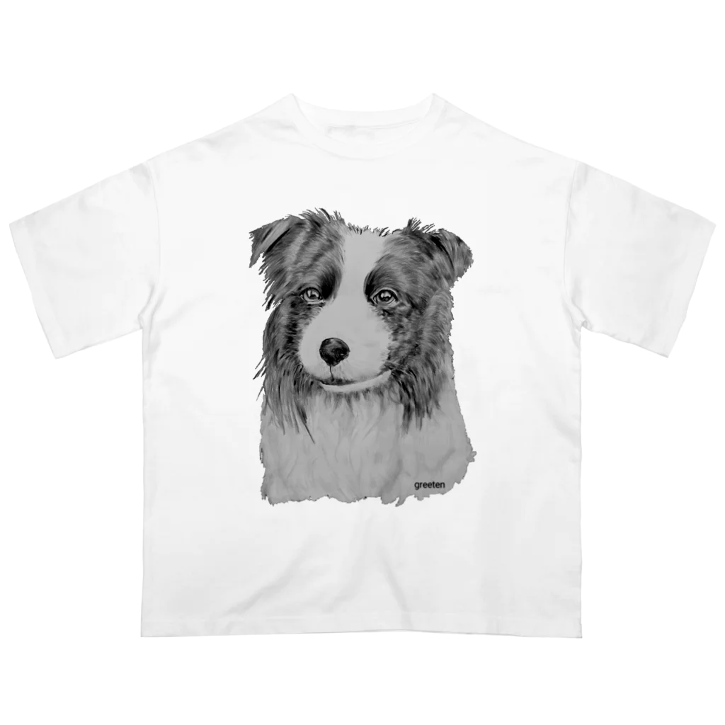 greetenのボーダーコリー　アート犬モノクロ オーバーサイズTシャツ