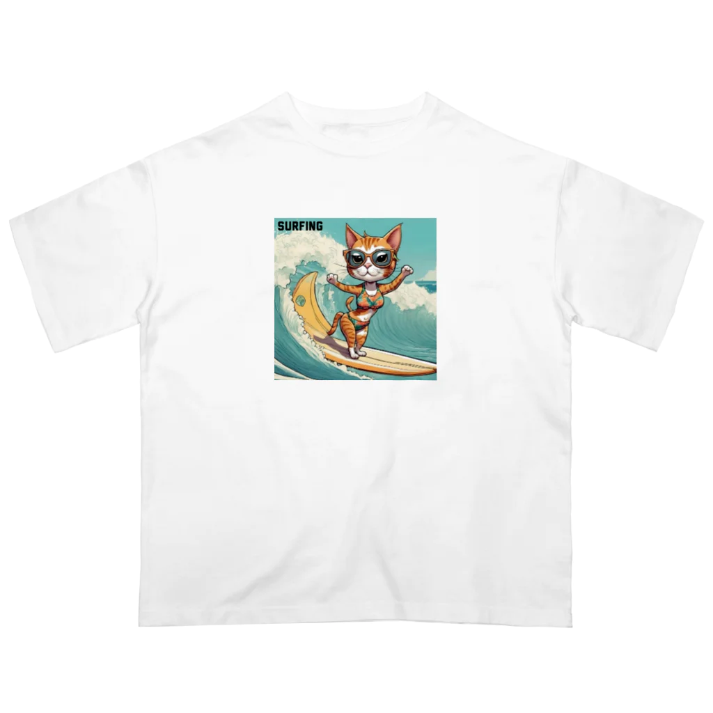 ハワイライフのSURFING猫（女の子バージョン） オーバーサイズTシャツ