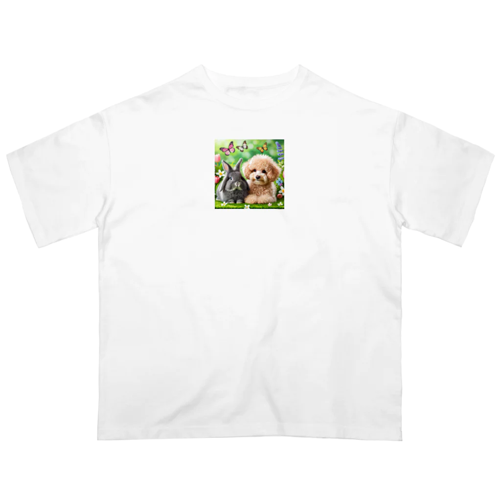 hachitaroのうさぎのネザーランドドワーフと犬のトイプードル オーバーサイズTシャツ