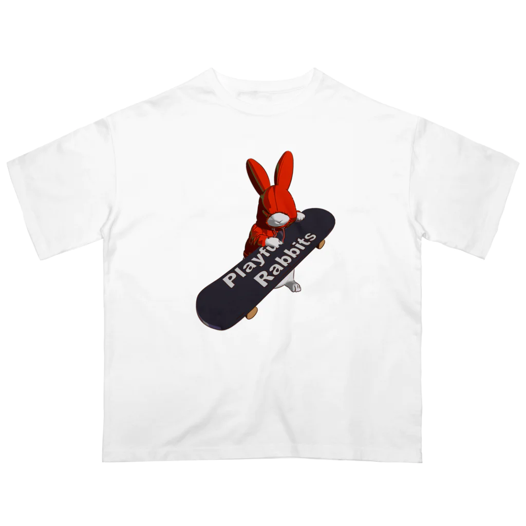 鬼鞍 ONIKURAのPlayful Rabbits レッド オーバーサイズTシャツ