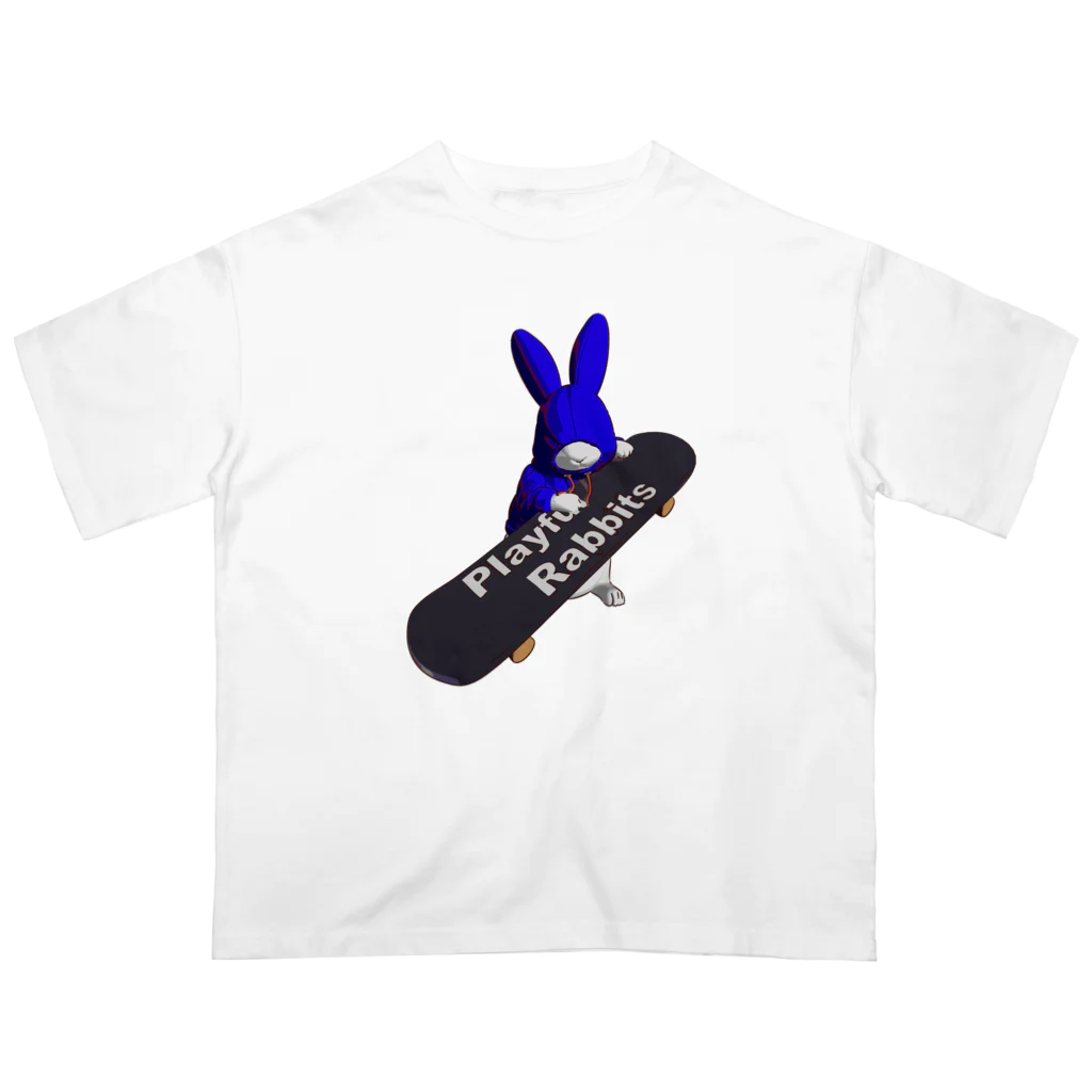 鬼鞍 ONIKURAのPlayful Rabbits ブルー Oversized T-Shirt