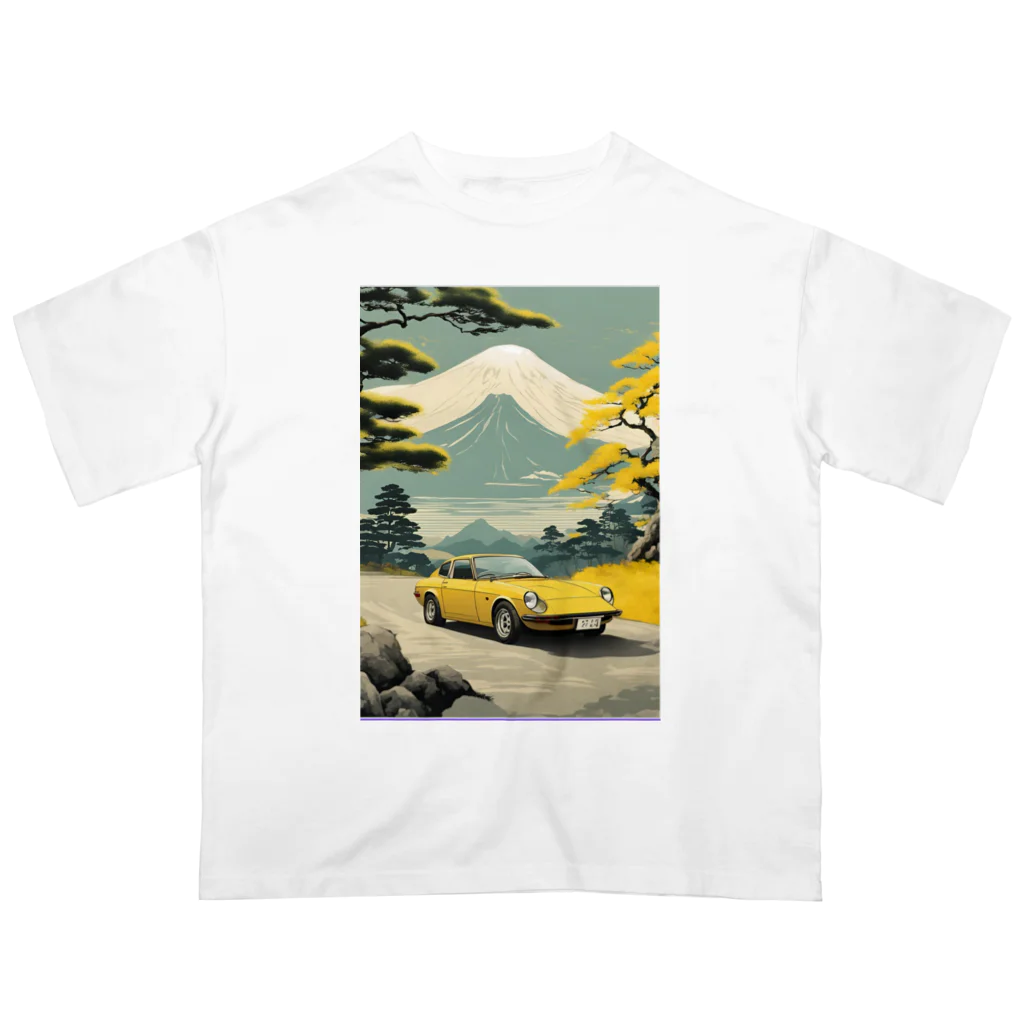 JapanCarStyleの黄色いスポーツカーと日本の風景 オーバーサイズTシャツ