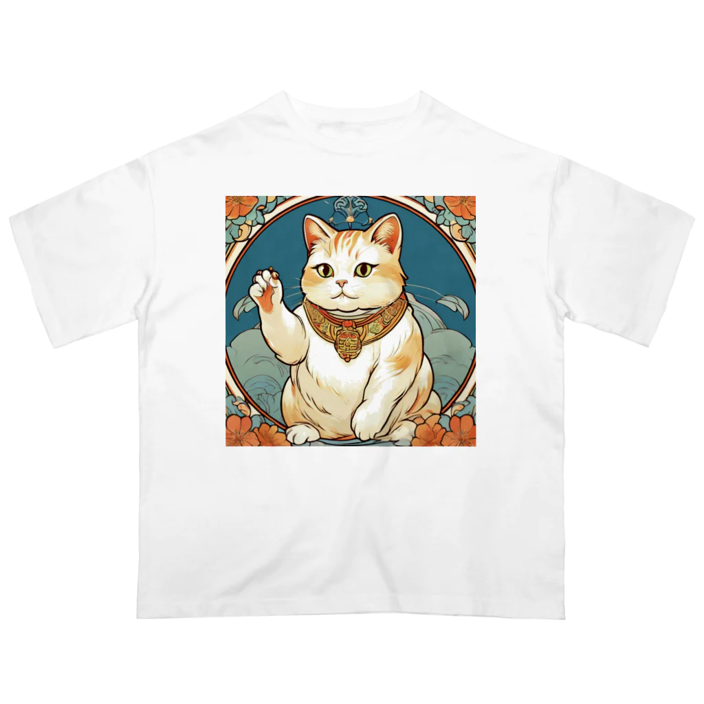 ゆまちゃんの開運雑貨屋さんの夜のミュシャ風招き猫 Oversized T-Shirt