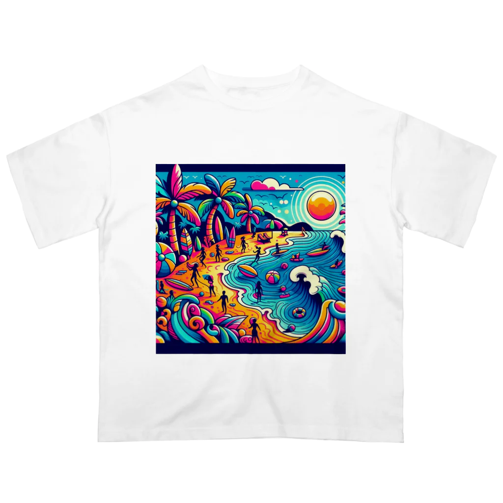 Ouga_の海岸が可愛く描かれた オーバーサイズTシャツ