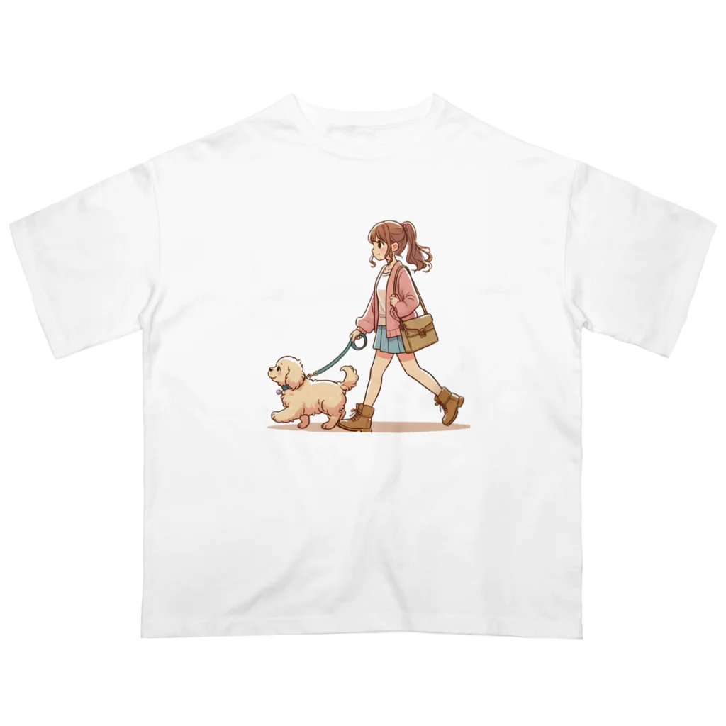 南国のかわいい犬と散歩をする女性 Oversized T-Shirt