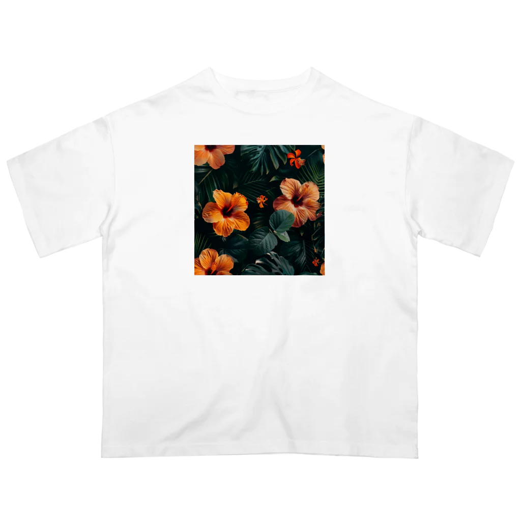 オンラインショップイエローリーフのオレンジ色のハイビスカスの花 Oversized T-Shirt