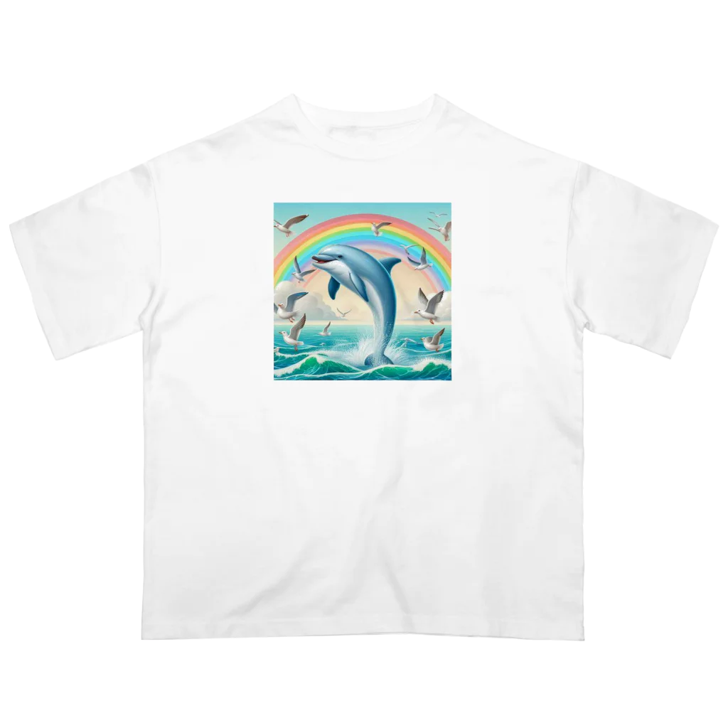 kaerinofficeのイルカとカモメが楽しく泳ぐ海の中で、きらめく虹が見えます🌈  Oversized T-Shirt