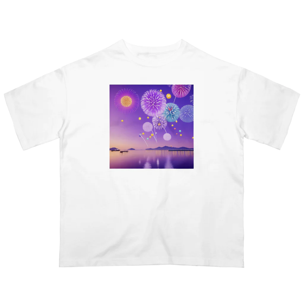 chan-takehaniの夕暮れの湖と幻想的な花火 オーバーサイズTシャツ