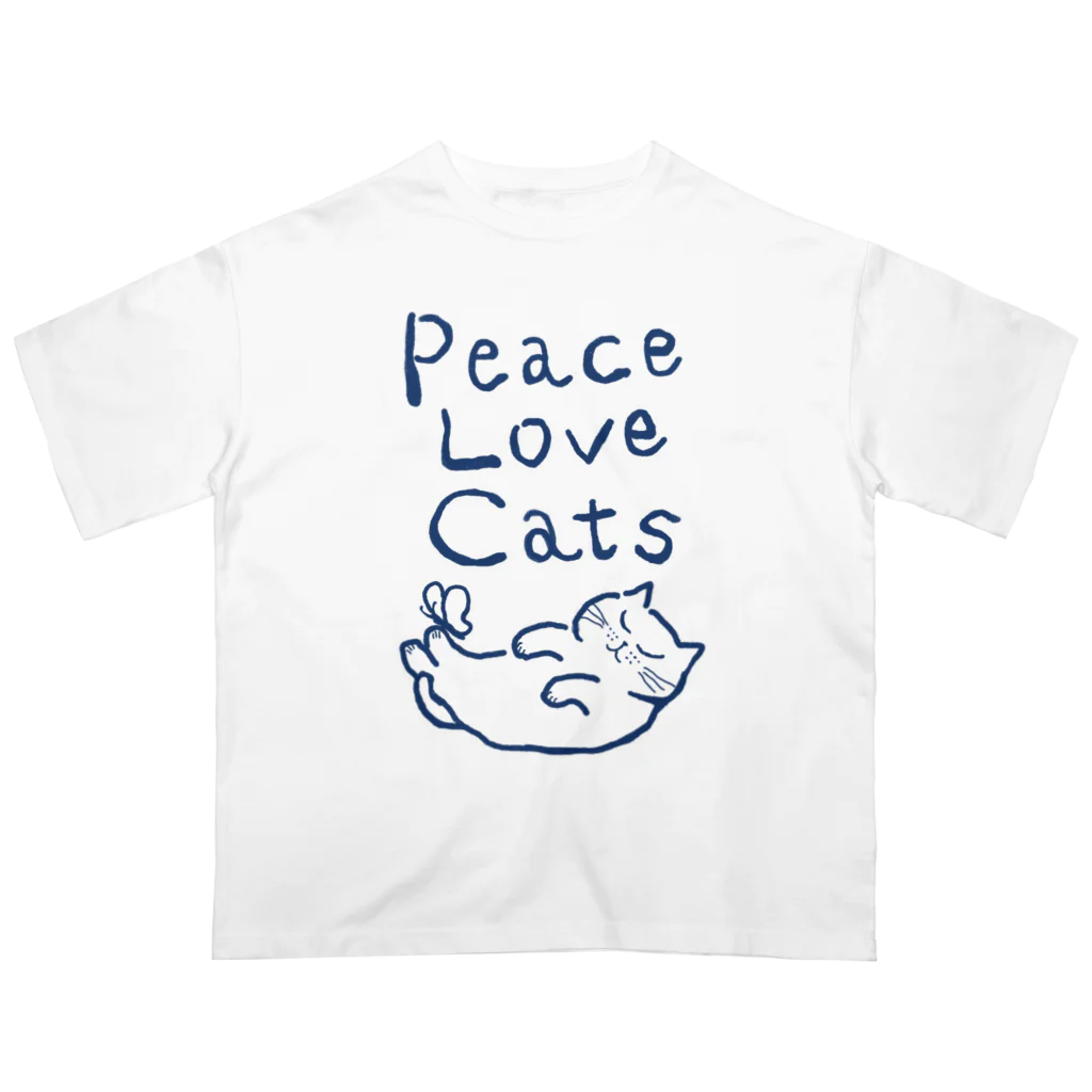 TomoshibiのPeace Love Cats ブルー オーバーサイズTシャツ